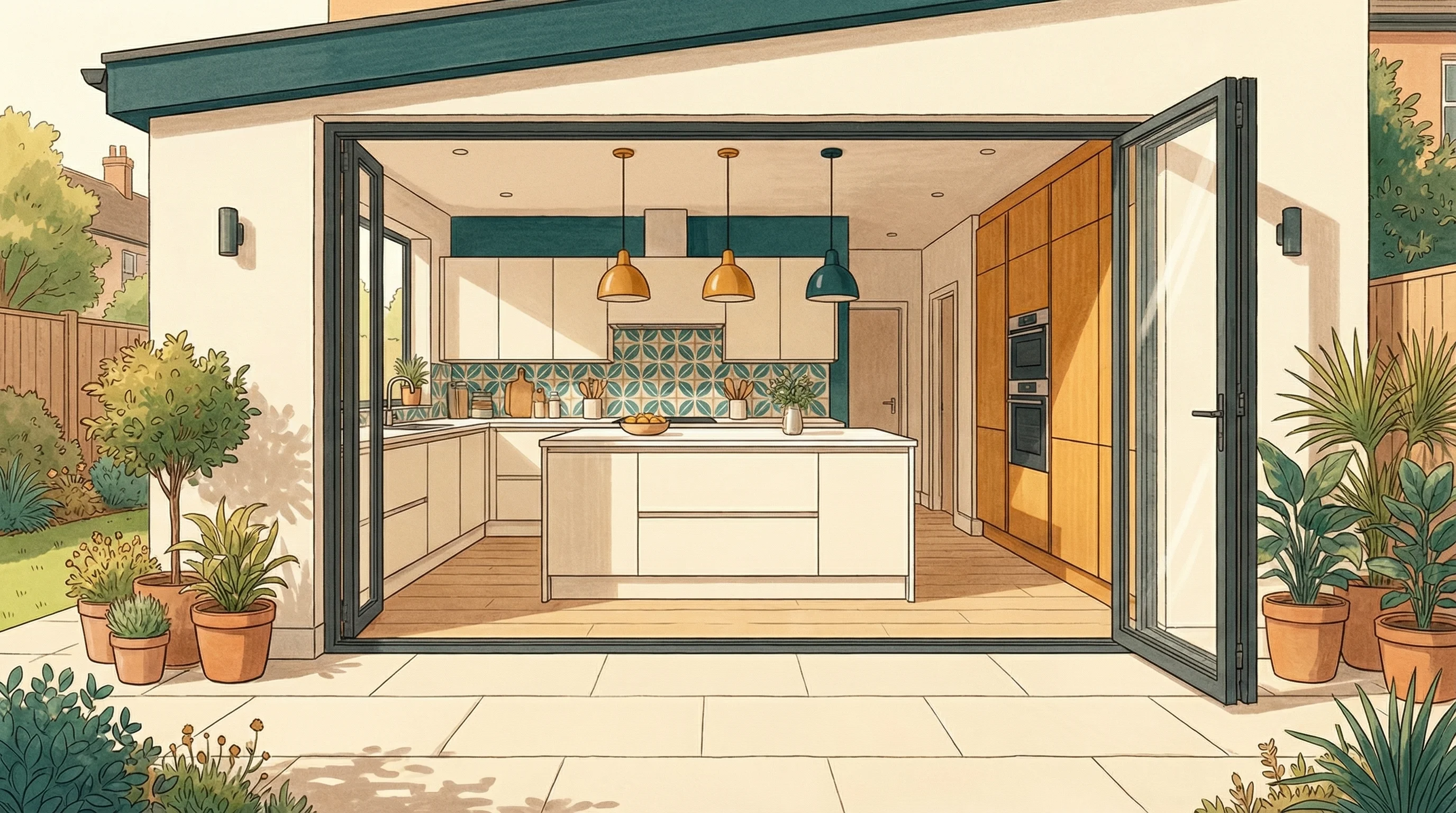 A finished UK kitchen extension with bifold doors open to a sunny patio and garden