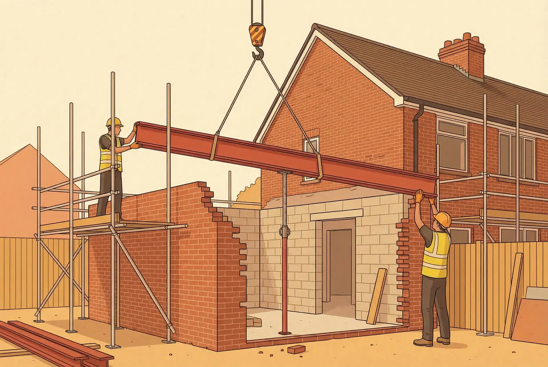 Steel beam being lifted into position on a kitchen extension