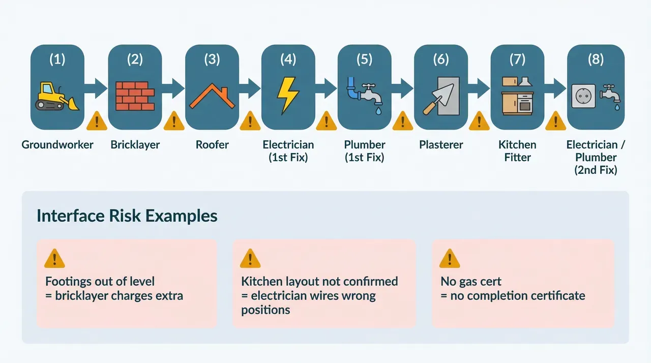 Horizontal timeline of 8 trades in sequence from groundworker to second fix electrician and plumber, with amber warning triangles at each handover point and three interface failure examples below: footings out of level, kitchen layout not confirmed, and no gas cert